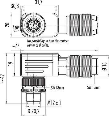 比例图 M12 弯角针头电缆连接器, 极数: 8, 5.0-8.0mm, 可接屏蔽, 螺钉接线, IP67, UL 2238, 鸢尾花