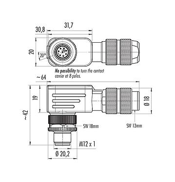 比例图 M12 弯角针头电缆连接器, 极数: 8, 5.0-8.0mm, 可接屏蔽, 螺钉接线, IP67, UL 2238, 鸢尾花