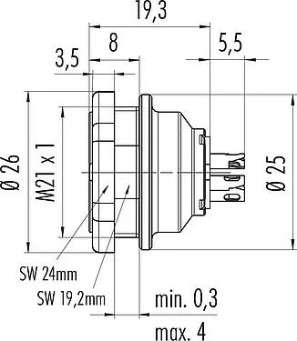 比例图 Push Pull 孔头法兰座, 极数: 4, 可接屏蔽, 焊接, IP67, M21x1,0, 後壁安裝