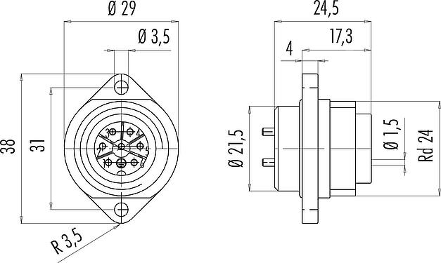 Scale drawing RD24 Male panel mount connector, Contacts: 6+PE, unshielded, solder, IP67, UL, ESTI+, VDE, Front mounting