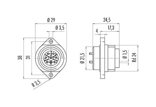 Scale drawing RD24 Male panel mount connector, Contacts: 6+PE, unshielded, solder, IP67, UL, ESTI+, VDE, Front mounting