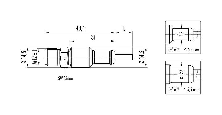 Scale drawing M12 Male cable connector, Contacts: 5, unshielded, moulded on the cable, IP67/IP69K, Ecolab, FDA compliant, Special TPE, grey, 5 x 0.34 mm², stainless steel, 2 m