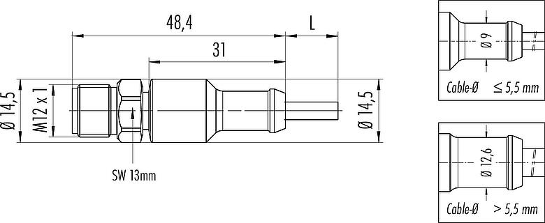 Scale drawing M12 Male cable connector, Contacts: 4, unshielded, moulded on the cable, IP67/IP69K, UL 2238, Ecolab, PVC, grey, 4 x 0.34 mm², stainless steel, 5 m