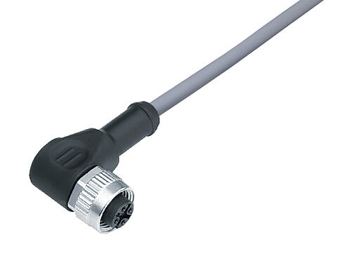 3D View 77 3434 0000 20003-0200 - M12 Female angled connector, Contacts: 3, unshielded, moulded on the cable, IP69K, UL, PVC, grey, 3 x 0.34 mm², 2 m