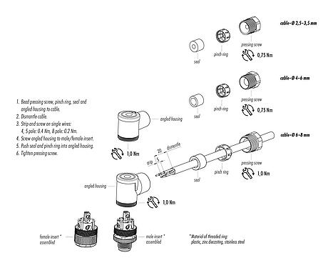 Assembly instructions M12 Male angled connector, Contacts: 5, 6.0-8.0 mm, unshielded, screw clamp, IP67, UL 2238