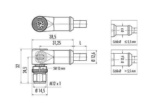 Scale drawing M12 Male angled connector, Contacts: 12, unshielded, moulded on the cable, IP68/IP69K, UL 2238, PVC, grey, 12 x 0.25 mm², 2 m