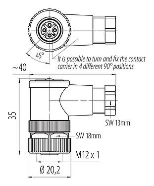 Scale drawing 99 0530 24 04 - M12 Female angled connector, Contacts: 4, 4.0-6.0 mm, unshielded, crimping (Crimp contacts must be ordered separately), IP67, UL