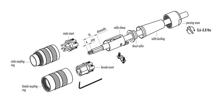 装配说明 M16 直头孔头电缆连接器, 极数: 6 (06-a), 4.0-6.0mm, 可接屏蔽, 焊接, IP40