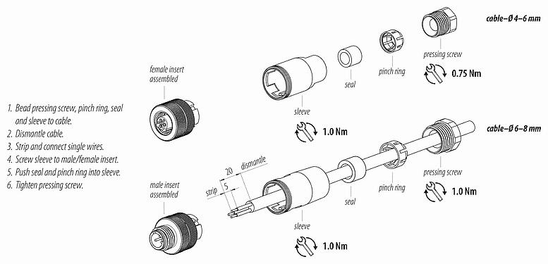 装配说明 M12 直头孔头电缆连接器, 极数: 2+PE, 6.0-8.0mm, 非屏蔽, 螺钉接线, IP67, UL