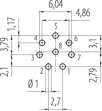 Conductor layout Snap-In Female panel mount connector, Contacts: 8, unshielded, THT, IP67, VDE, M12x1.0, Front mounting
