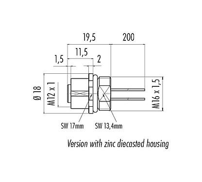 Scale drawing M12 Female panel mount connector, Contacts: 4, unshielded, single wires, IP68, UL 2238, M16x1.5, Front mounting
