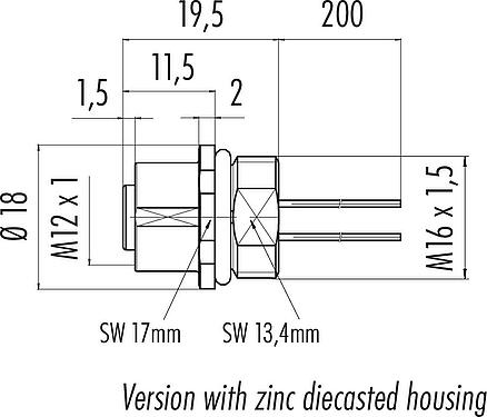 比例图 M12 孔头法兰座, 极数: 5, 非屏蔽, 带导线, IP68, UL 2238, M16x1.5, 板前安装