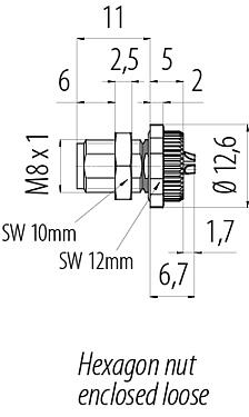 比例图 M8 针头法兰座, 极数: 3, 焊接, IP67/IP69K, M10x0.75, 後壁安裝, 带焊锡杯
