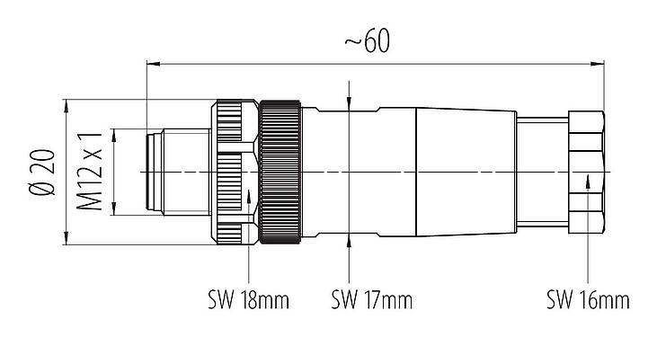 Scale drawing M12 Male cable connector, Contacts: 5, 6.0-8.0 mm, unshielded, screw clamp, IP67