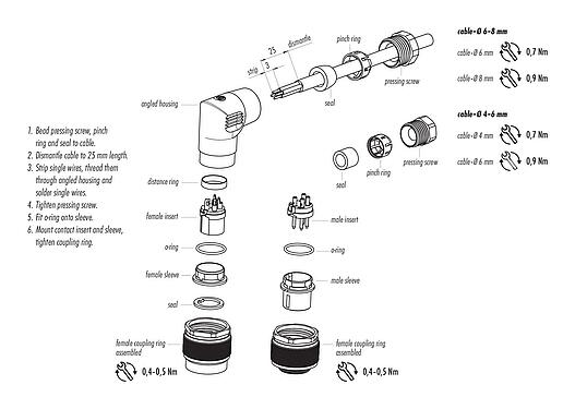 Assembly instructions M16 Female angled connector, Contacts: 14 (14-b), 6.0-8.0 mm, unshielded, solder, IP67