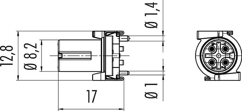 比例图 M12 集成插座, 极数: 4, 非屏蔽, SMT, IP67