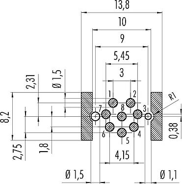 导体结构 M12 孔头法兰座, 极数: 8, 可接屏蔽, SMT, IP67, M14x1.0, 板前安装