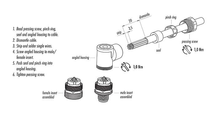Assembly instructions M12 Female angled connector, Contacts: 12, 6.0-8.0 mm, unshielded, solder, IP67, UL 2238