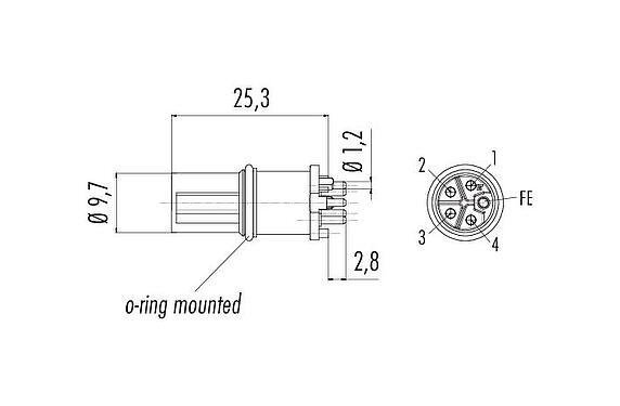 Scale drawing 86 5443 0000 00845 - M12 Male receptacle, Contacts: 5, unshielded, THR, IP68, UL 2238