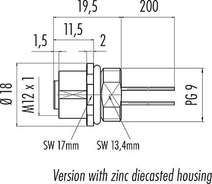 Scale drawing M12 Female panel mount connector, Contacts: 5, unshielded, single wires, IP68, UL 2238, PG 9, Front mounting