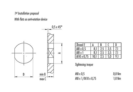 Assembly instructions / Panel cut-out M8 Male panel mount connector, Contacts: 4, shieldable, THT, IP67, M8x1.0, Rear mounting, potted