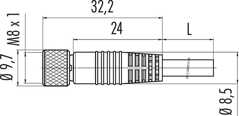 Scale drawing M8 Female cable connector, Contacts: 4, shielded, moulded on the cable, IP67/IP69K, PUR, black, 4 x 0.34 mm², 5 m