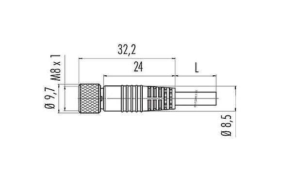 比例图 M8 直头孔头电缆连接器, 极数: 4, 屏蔽, 预铸电缆, IP67/IP69K, PUR, 黑色, 4x0.34 mm², 2m