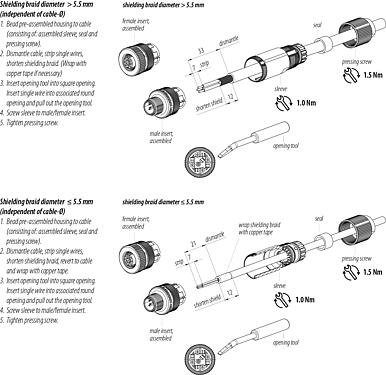 Assembly instructions 99 1528 814 04 - M12 Female cable connector, Contacts: 4, 5.0-8.0 mm, shieldable, wire clamp, IP67, iris spring