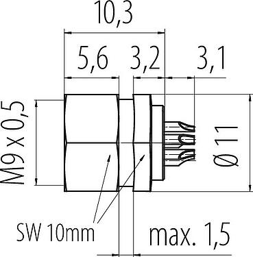 Scale drawing M9 Female panel mount connector, Contacts: 7, unshielded, M9x0,5, Front mounting