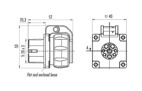 Scale drawing Bayonet Female panel mount connector, Contacts: 4+PE, unshielded, crimping (Crimp contacts must be ordered separately), IP68/IP69K, UL 2238, VDE, Front mounting, UV resistant