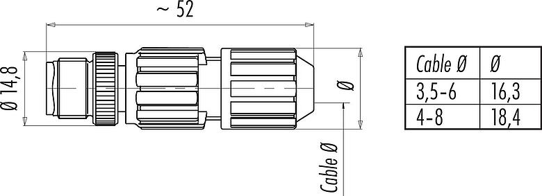 Scale drawing M12 Male cable connector, Contacts: 4, 3.5-6.0 mm, unshielded, IDC, IP67