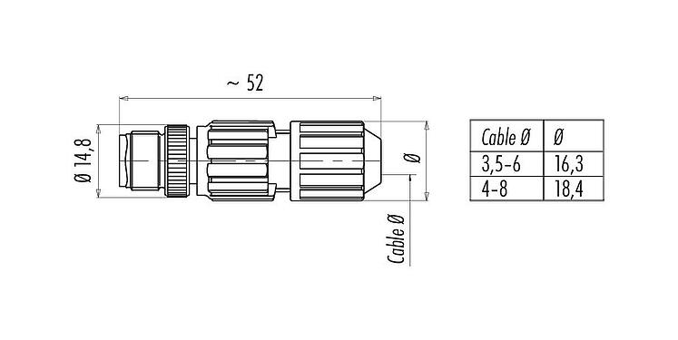 Scale drawing M12 Male cable connector, Contacts: 4, 4.0-8.0 mm, unshielded, IDC, IP67