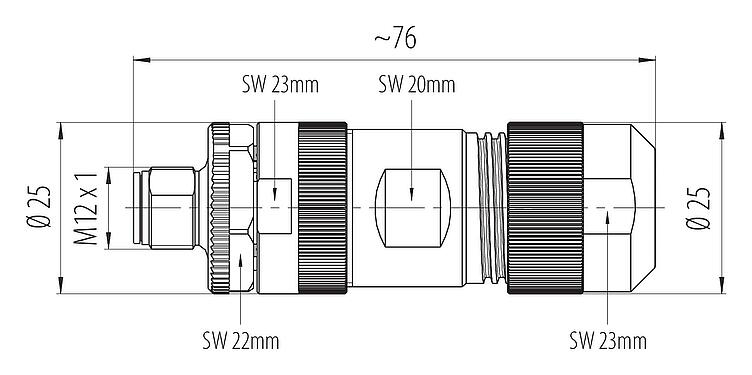 比例图 M12 直头针头电缆连接器, 极数: 4+PE, 8.0-13.0mm, 非屏蔽, 螺钉接线, IP67, UL 2237正在准备中, 带PE接口