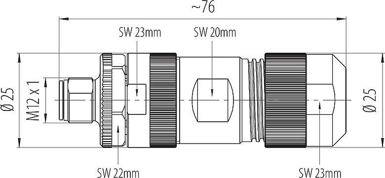 比例图 M12 直头针头电缆连接器, 极数: 4+PE, 8.0-13.0mm, 非屏蔽, 螺钉接线, IP67, UL 2238