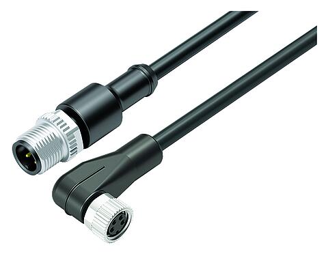 插图 M12/M8 针头电缆连接器 - 孔头弯角电缆连接器, 极数: 4, 非屏蔽, 预铸电缆, IP67/IP69K, UL 2238, PUR, 黑色, 4x0.34 mm², 2m
