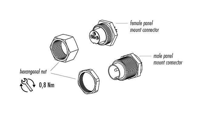 Component part drawing 09 0073 20 02 - M9 Male panel mount connector, Contacts: 2, unshielded, THT, IP40