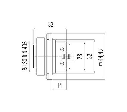 Scale drawing RD30 Female panel mount connector, Contacts: 12+PE, unshielded, solder, IP65, Front mounting