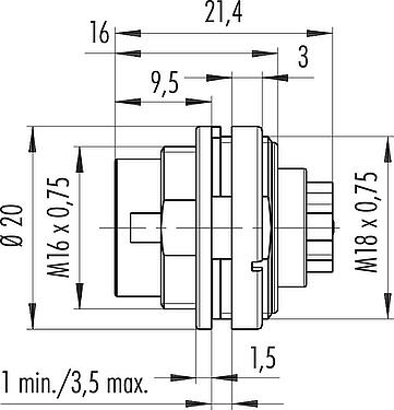 Scale drawing M16 Male panel mount connector, Contacts: 4 (04-a), unshielded, crimping (Crimp contacts must be ordered separately), IP40, M18x0,75, Front mounting