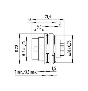 Scale drawing M16 Male panel mount connector, Contacts: 8 (08-a), unshielded, crimping (Crimp contacts must be ordered separately), IP40, M18x0,75, Front mounting