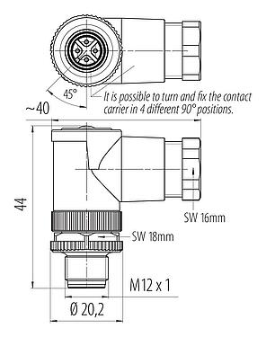 Scale drawing M12 Male angled connector, Contacts: 4, 6.0-8.0 mm, unshielded, screw clamp, IP67, UL 2238