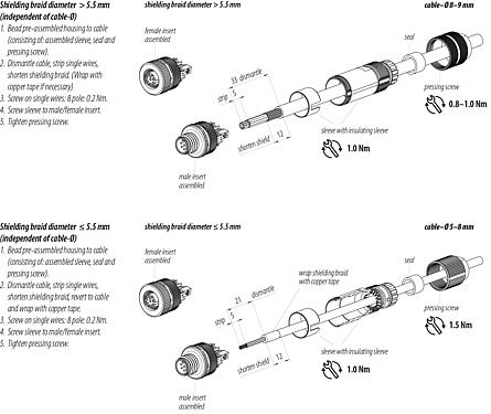 Assembly instructions M12 Male cable connector, Contacts: 8, 8.0-9.0 mm, shieldable, screw clamp, IP67, UL 2238, iris spring