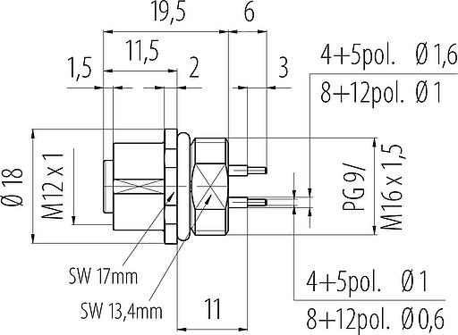 Scale drawing M12 Female panel mount connector, Contacts: 8, unshielded, THT, IP68, UL 2238, PG 9, Front mounting