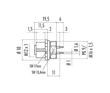 Scale drawing 86 0132 0000 00008 - M12 Female panel mount connector, Contacts: 8, unshielded, THT, IP68, UL, PG 9