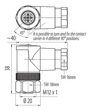 比例图 99 0436 292 05 - M12 弯角孔头电缆连接器, 极数: 5, 6.0-8.0mm, 非屏蔽, 螺钉接线, IP67, UL