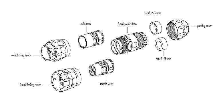 Component part drawing 99 6502 000 08 - Bayonet Female cable connector, Contacts: 4+3+PE, 7.0-17.0 mm, unshielded, crimping (Crimp contacts must be ordered separately), IP68/IP69K, UL, VDE