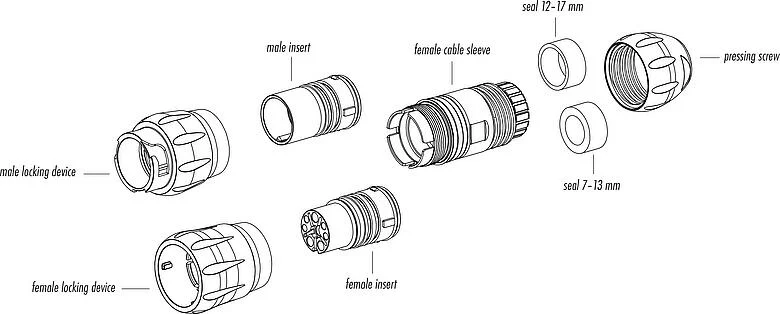Component part drawing Bayonet Female cable connector, Contacts: 12, 7.0-13.0 mm, unshielded, crimping (Crimp contacts must be ordered separately), IP68/IP69K, UL 2238, VDE, UV resistant