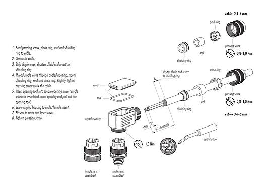 Assembly instructions M12 Male angled connector, Contacts: 4, 6.0-8.0 mm, shieldable, wire clamp, IP67, with shielding ring