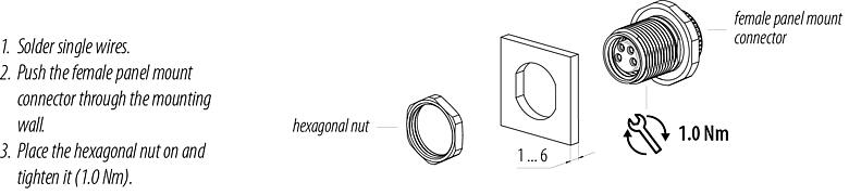装配说明 M8 孔头法兰座, 极数: 3, 焊接, IP67/IP69K, M10x0.75, 後壁安裝, 带焊锡杯