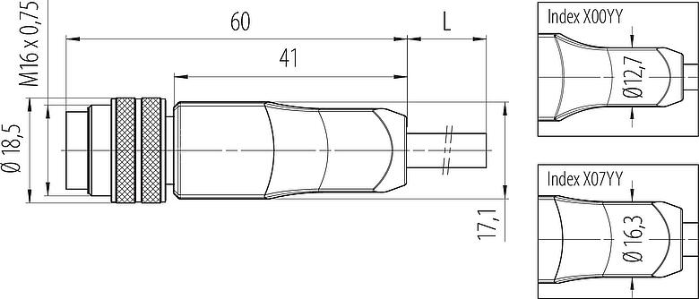 Scale drawing M16 Male cable connector, Contacts: 7 (07-a), shielded, moulded on the cable, IP67, PUR, black, 7 x 0.25 mm², 5 m