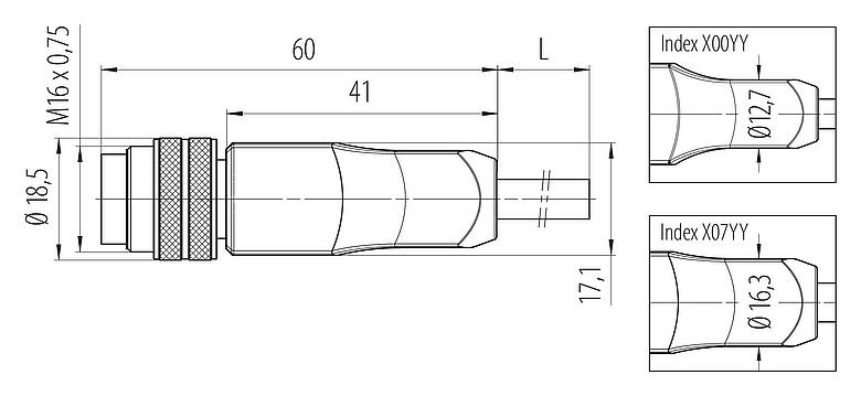 比例图 M16 直头针头电缆连接器, 极数: 7 (07-a), 屏蔽, 预铸电缆, IP67, PUR, 黑色, 7x0.25mm², 2m